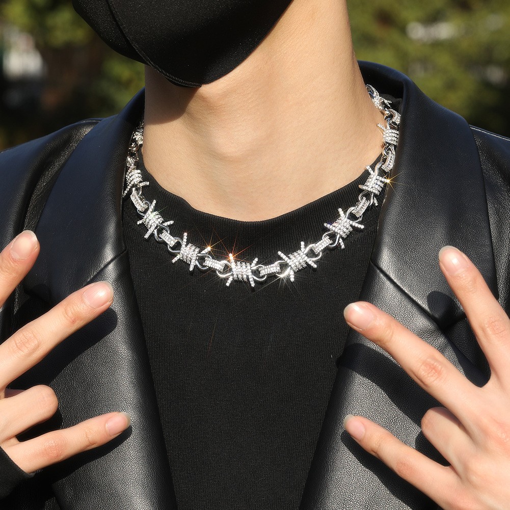 Sparkling Barbed Wire Chain Silver Gold Hip Hop CZ Bling Barbwire Necklace