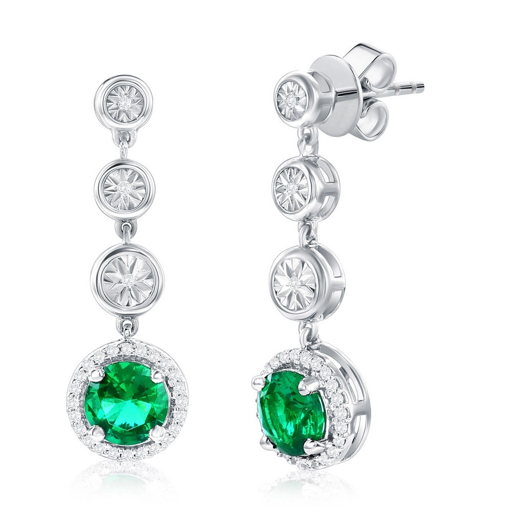 Sterling Silver Lab-Grown 0.82ct Emerald & 0.09ct Earrings Rhodium Plated