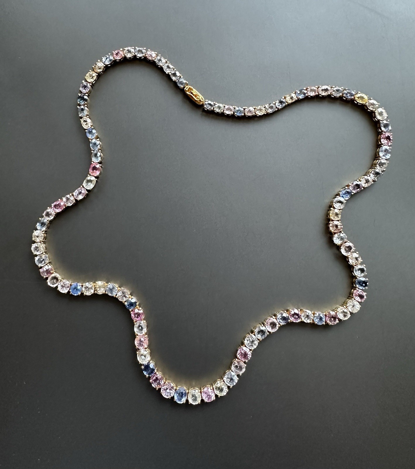 Certified Natural Burma Mogok Multicolor Sapphire 19K Yellow Gold TennisNeckalce