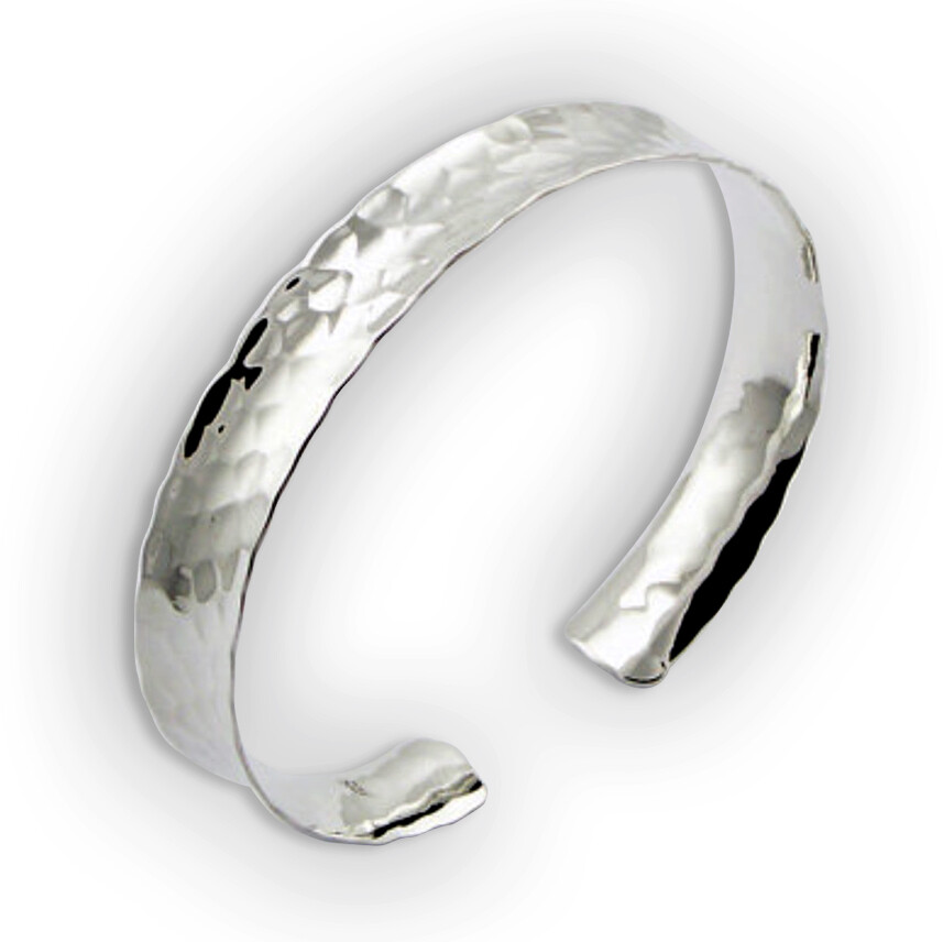 Wide Ladies Hammered Look Bangle – 925 Sterling Silver – Open Bangle