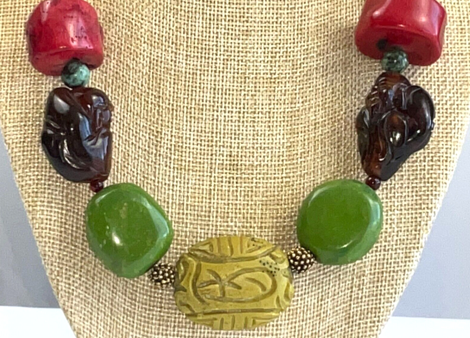 Beautiful Buddha Carved Bead Artisan STATEMENT NECKLACE Coral Turquoise Amber