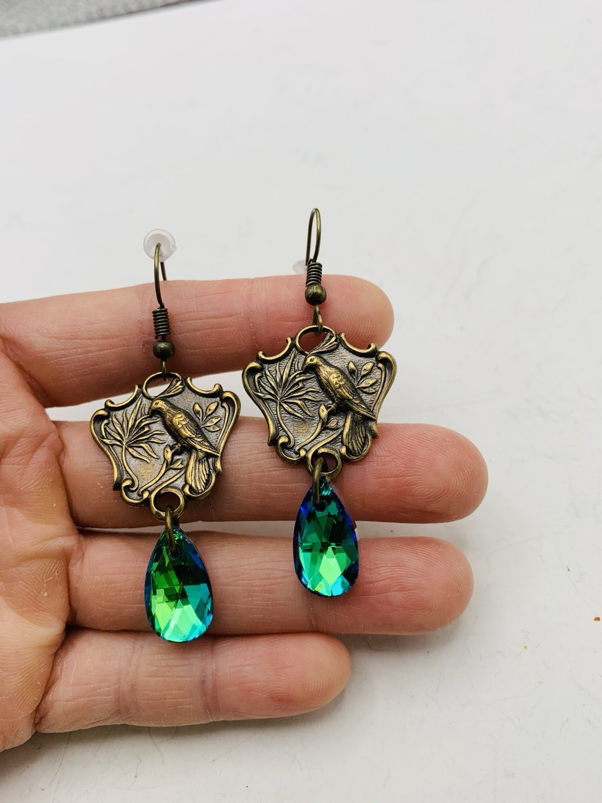 Vintage Style Bronze Art Nouveau Enchanted Bird Rainbow Blue AB Hook Earrings