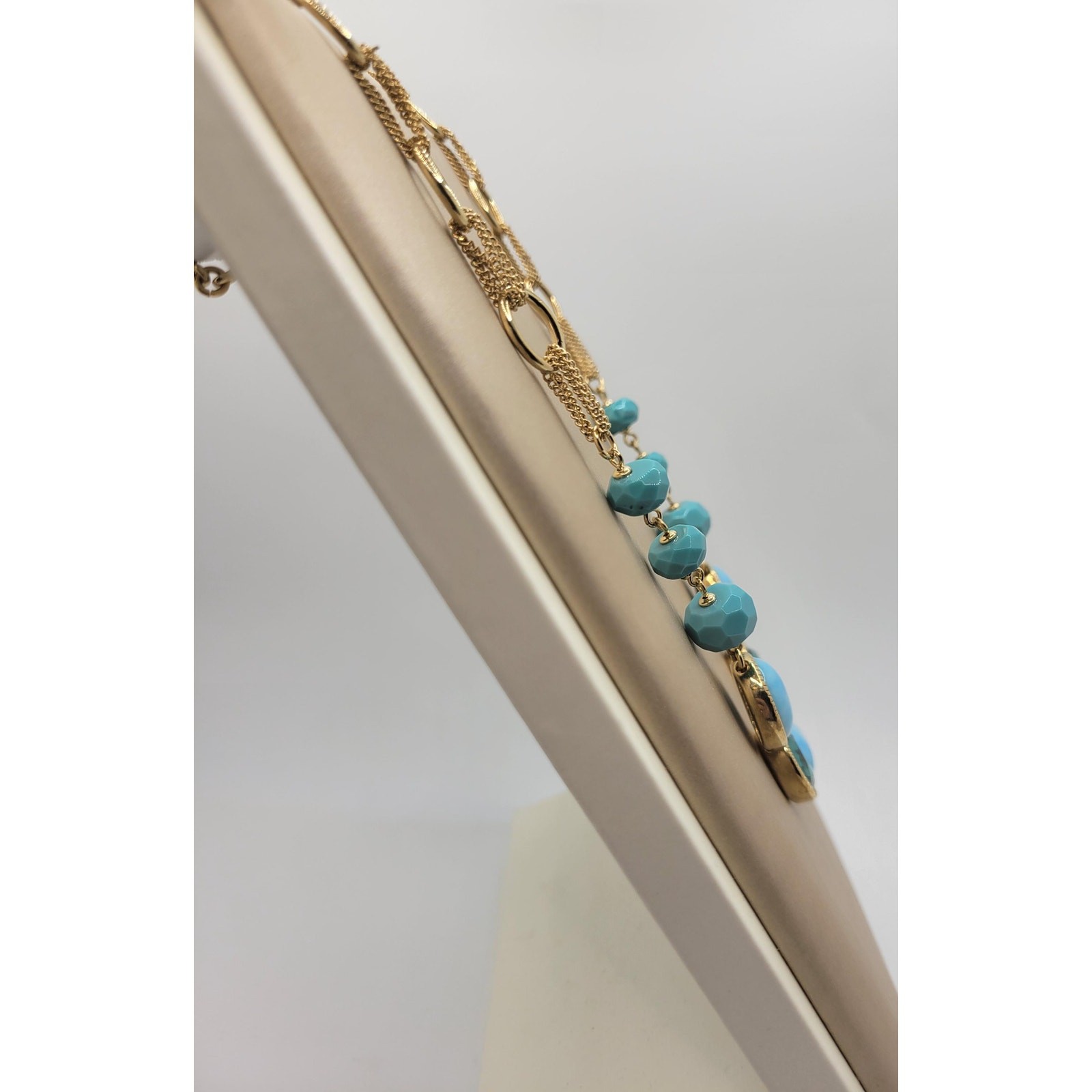 Vintage Signed Monet Faux Larimar Aqua Necklace Oval Crystal Cabochons 1990s