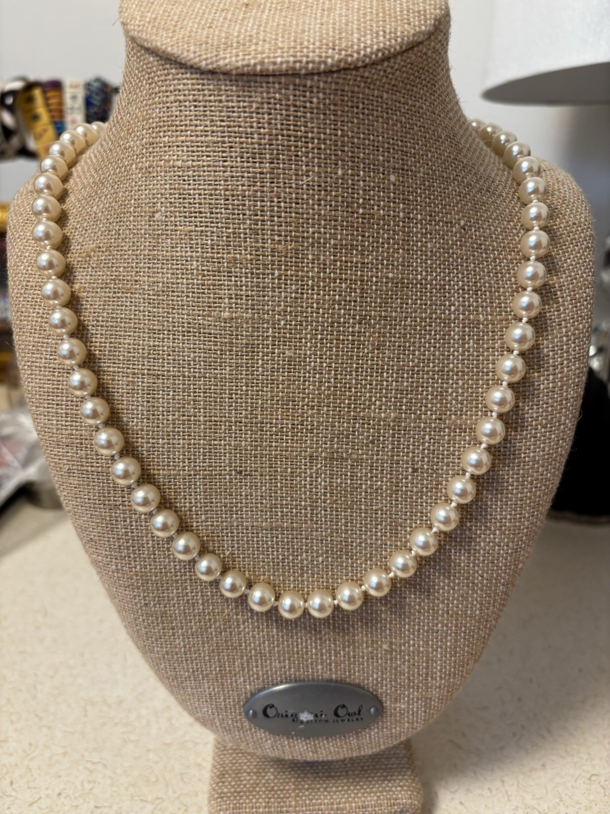 Vintage Faux Pearl Necklace 22” Knotted Strand Gold Tone Push Lock Clasp Luster