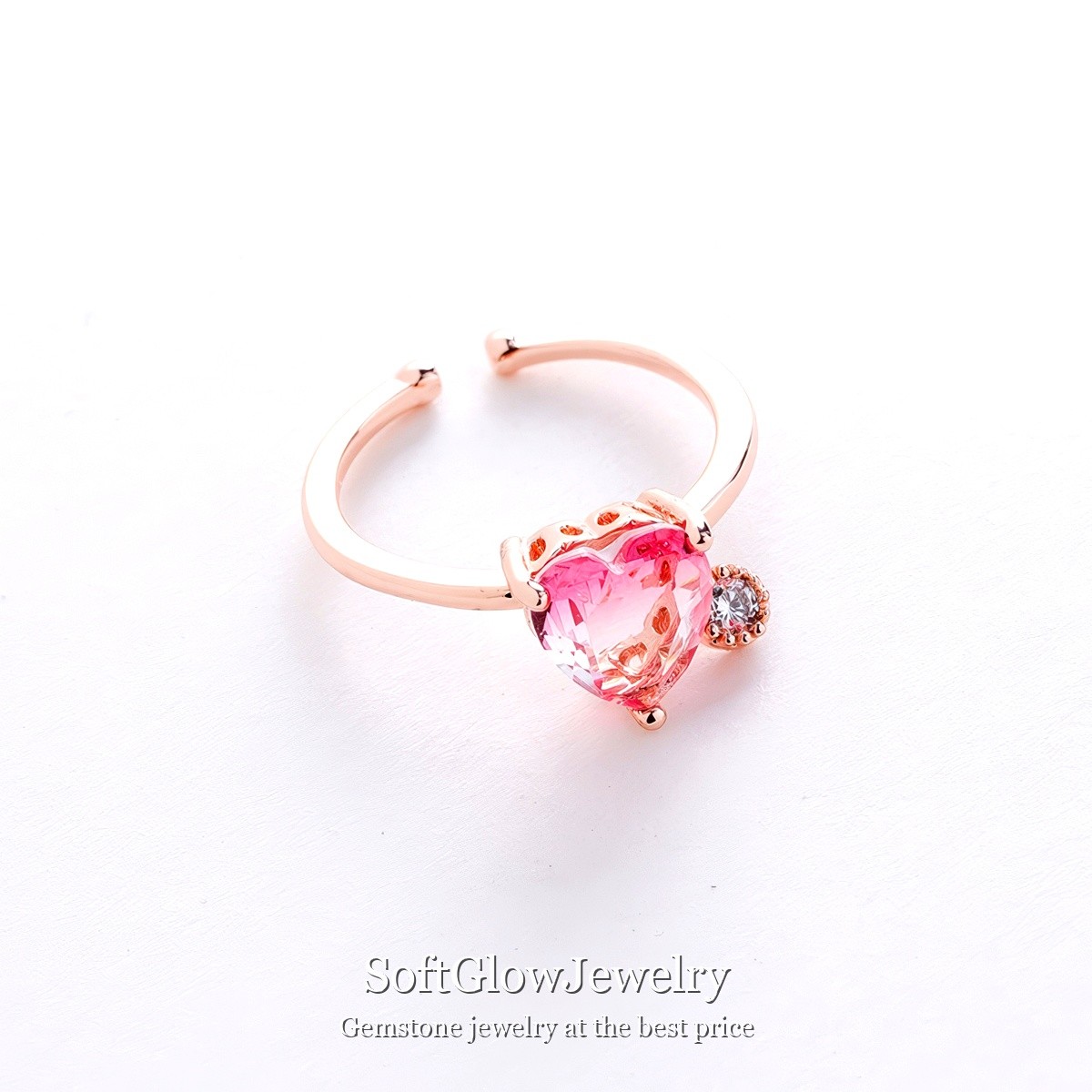 Pink Heart CZ Rose Gold Plated Adjustable Ring Crown Design