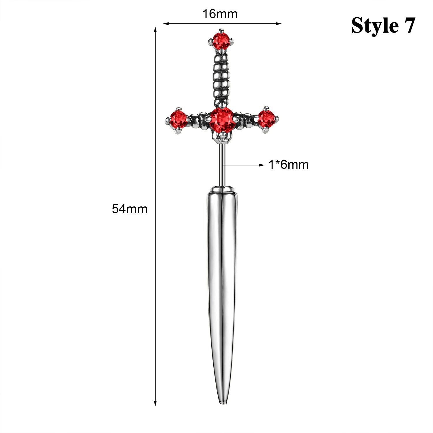 20G Punk Stainless Steel Stud Earrings CZ Dagger Sword Ear Stud Piercing Jewelry