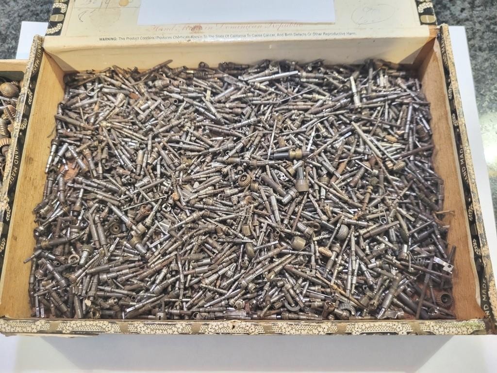 Cigar box of American Pocket watch stems, crowns, sleeves 1,000’s of pieces #1