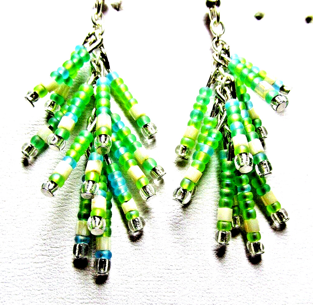 Silver Green, Blue & Ivory Glass Seed Beaded Tassel Pierced Earrings -NEW (#290)