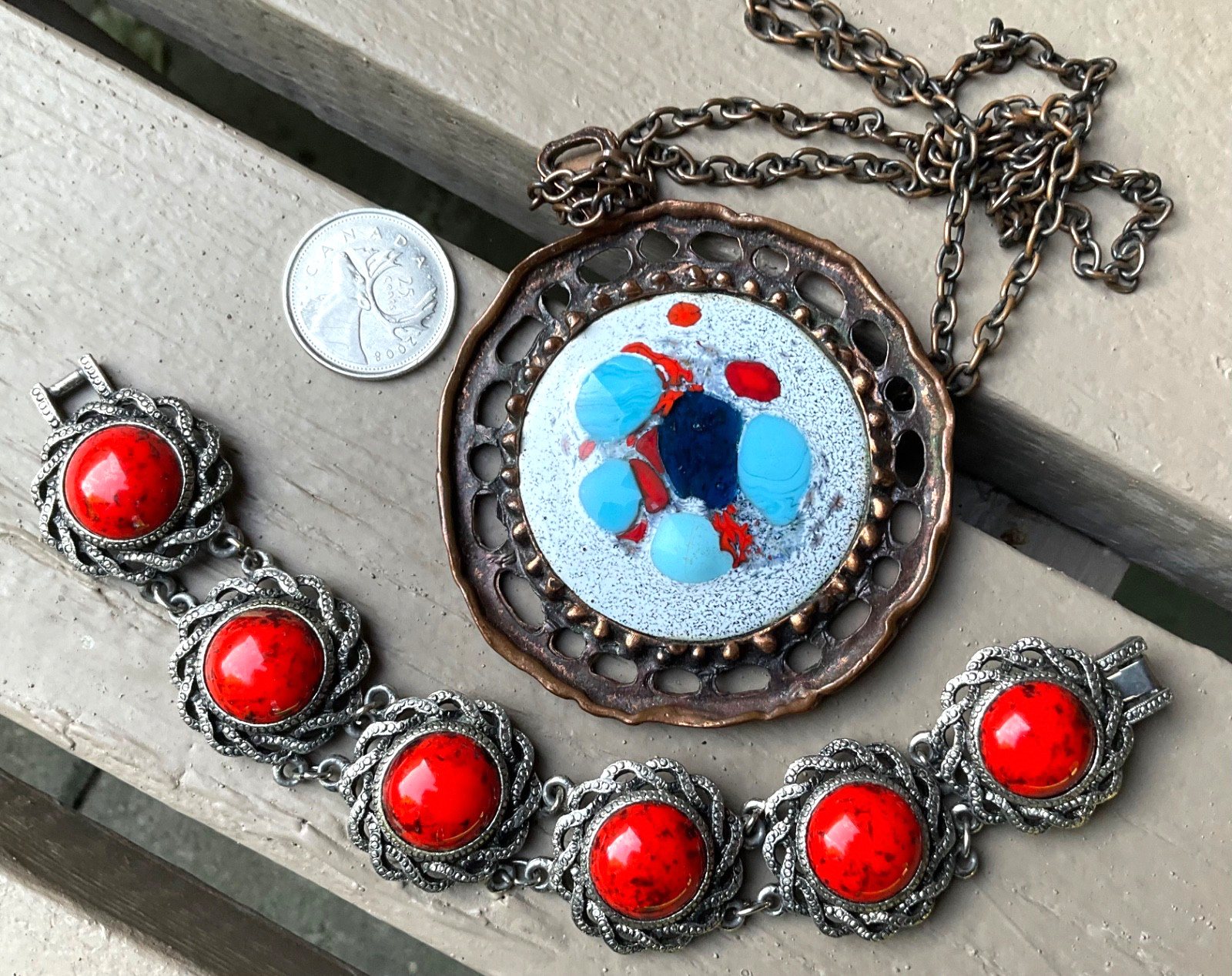Vintage MCM Modern CERAMIC Lava BRACELET, Big ENAMEL COPPER Pendant NECKLACE