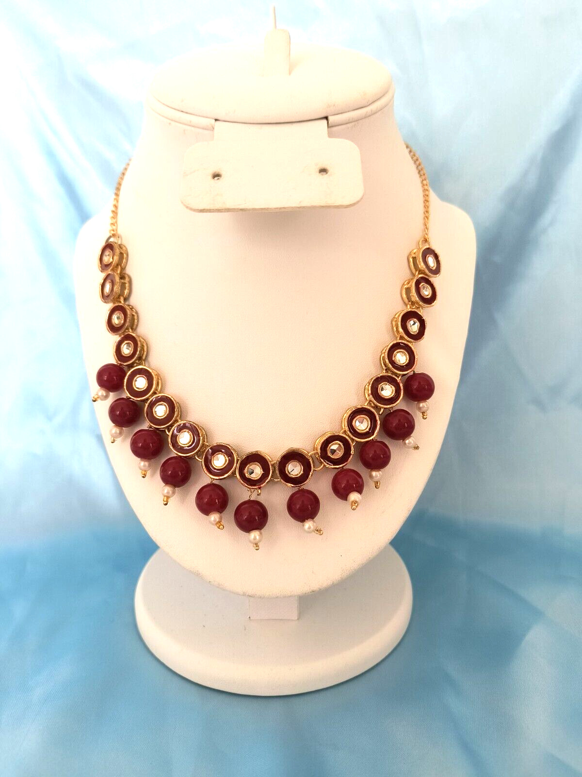 Women’s Statement Necklace Red Gold White Clear Colors with Gold Tone Chain