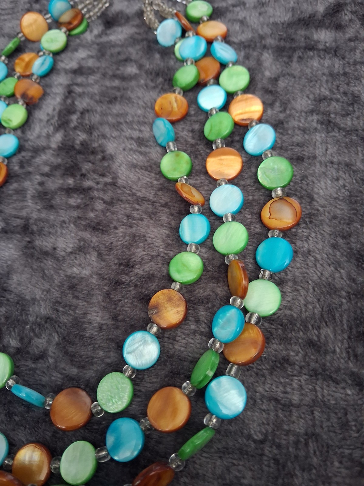 3 strand Multicolor Beaded Necklace, Adjustable Lobster Clasp Green, Brown, Blue