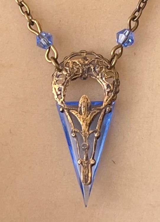 Vintage Necklace Art Nouveau Pendant Sap-phire Blue Antique Czech Glass