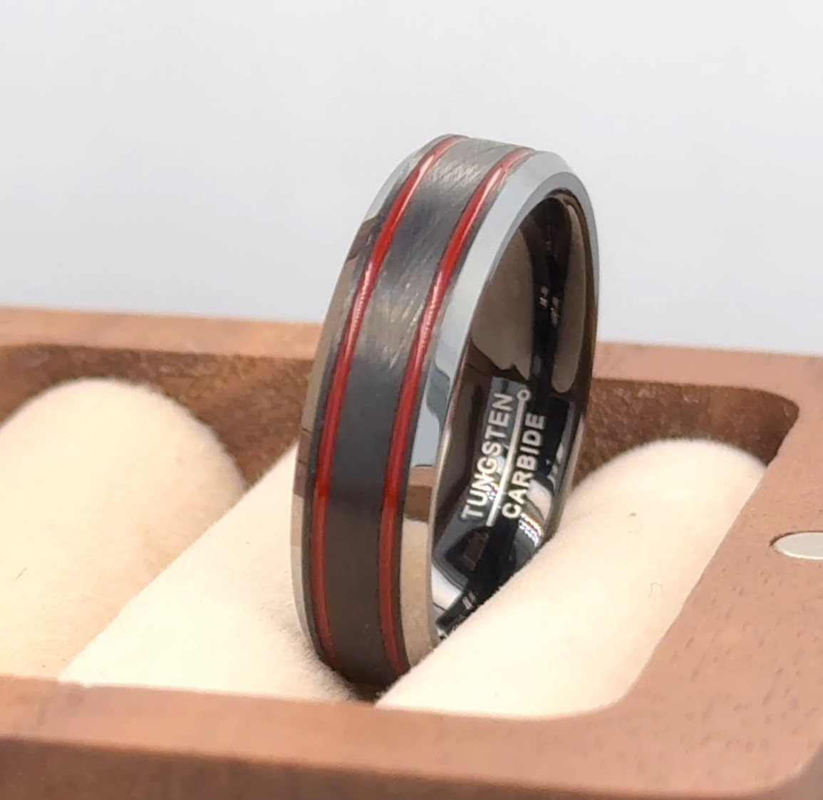 6mmBlack Tungsten With Red Striped Ring Stackable Comfort Fit Love Gifts Band