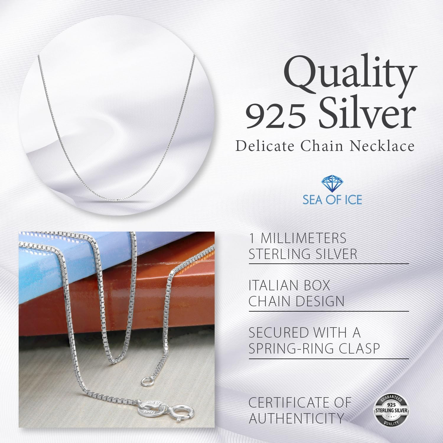 925 Sterling Silver Chain Necklace with Ring Clasp – Multi-Color Options