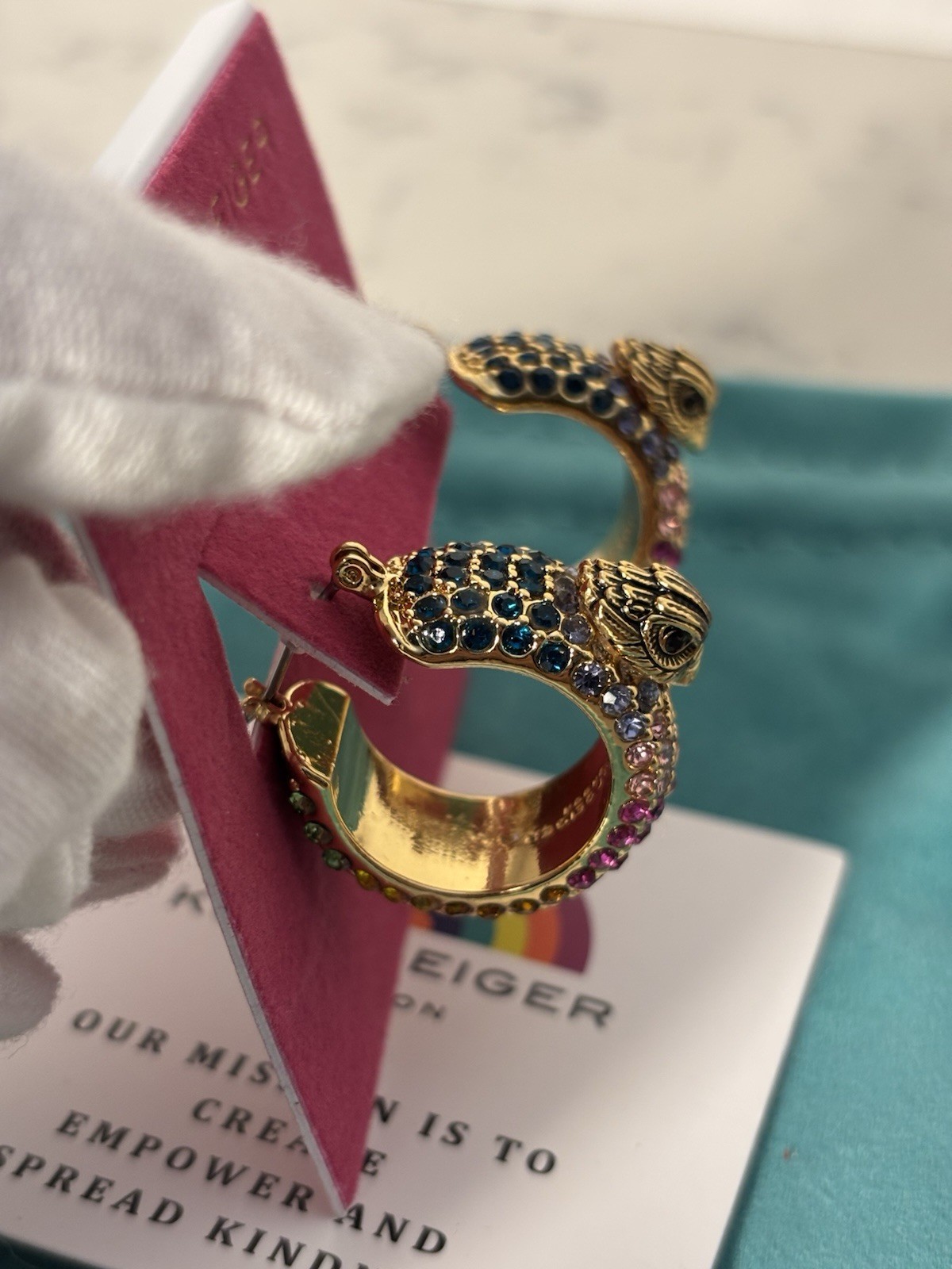Kurt Geiger London Rainbow Crystal Eagle Hoop Earrings Gold Tone NWT