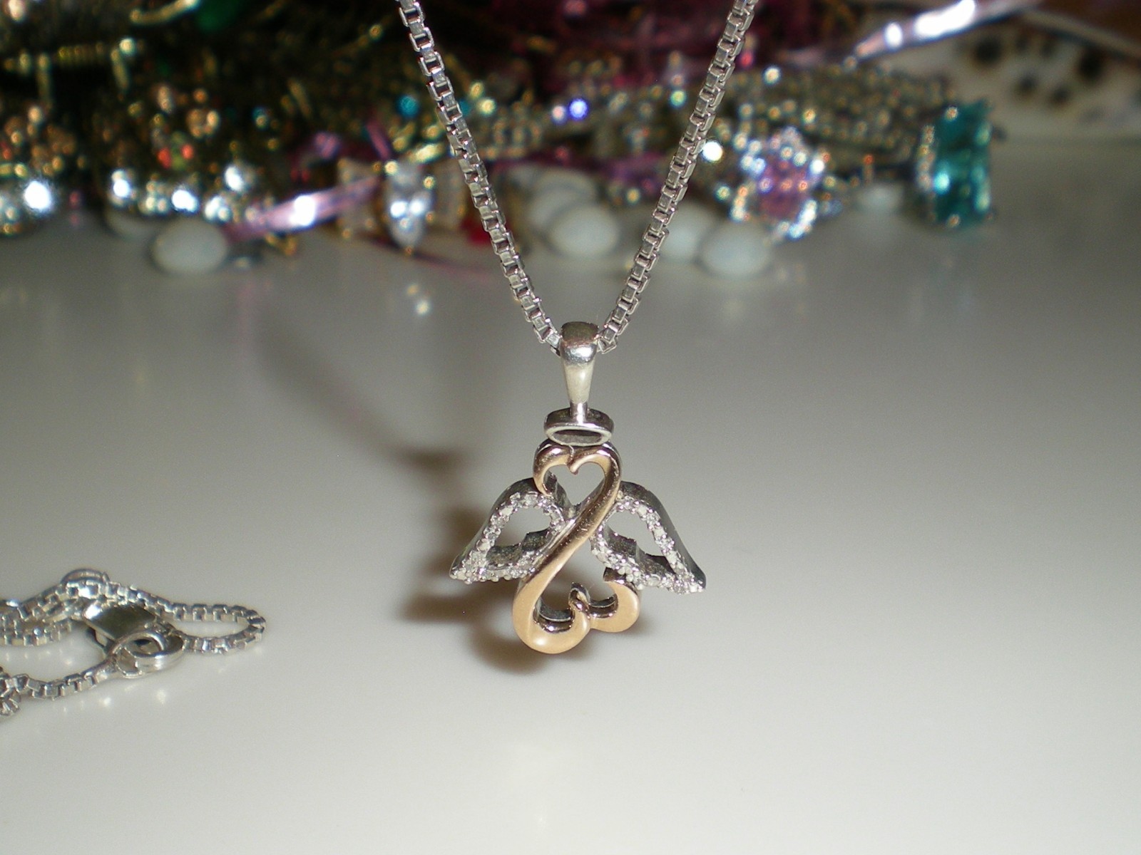 Jane Seymour Open Hearts 1/20ct SS 10K Rose Gold ANGEL Diamond Necklace KAY BOX