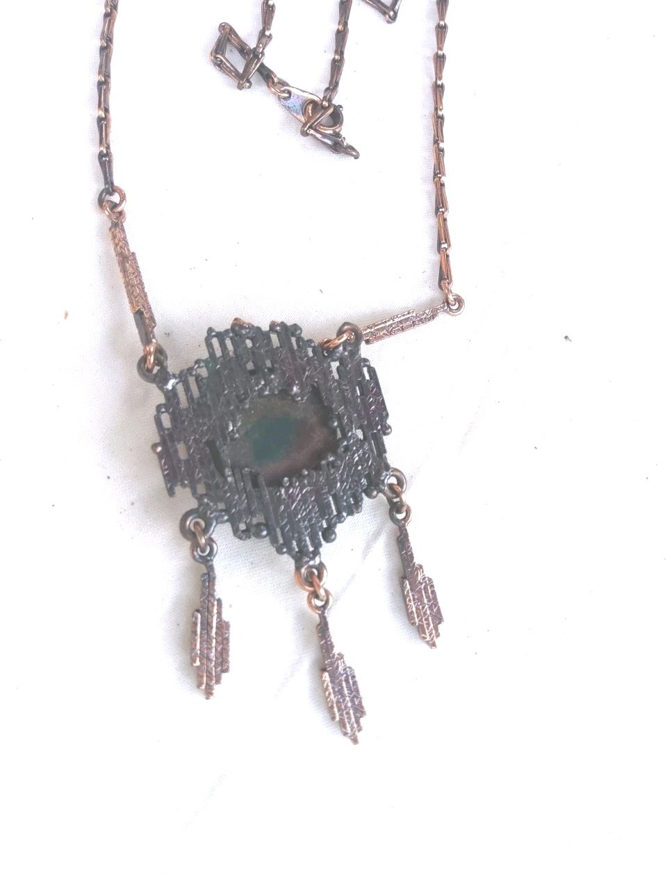 Mid Century Modern Brutalist Enameled Copper Fringe Necklace