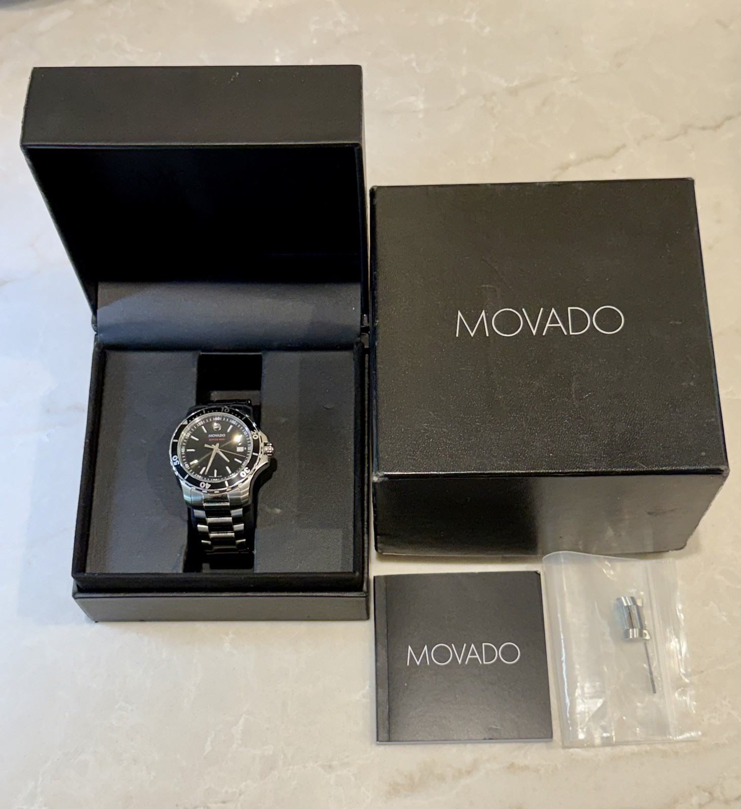 Used Great Condution Movado Series 800 Black Dial Steel Mens Swiss Watch