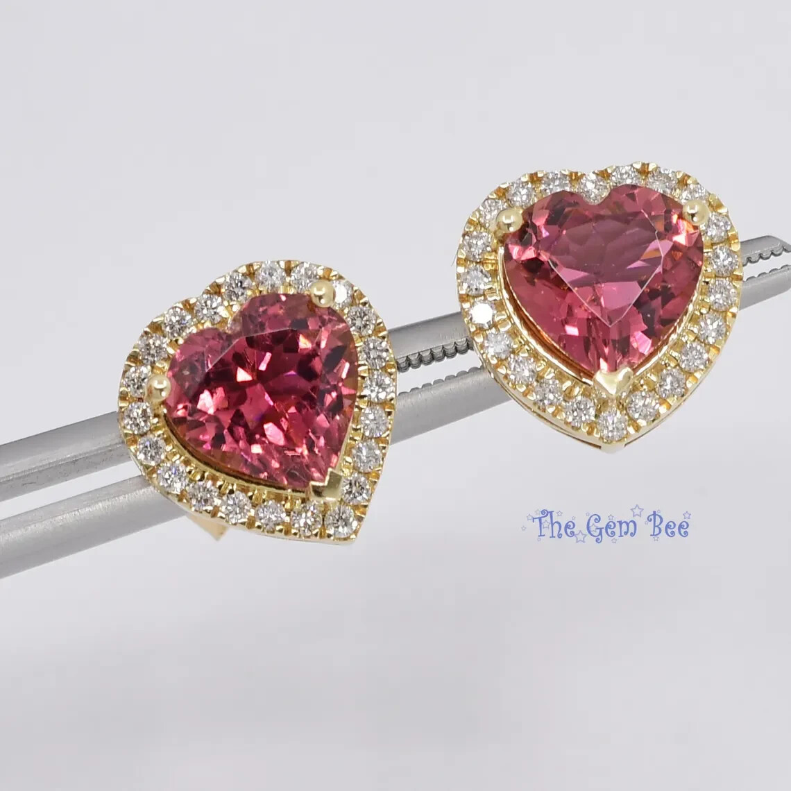 11.6mm 14k Yellow Gold 3.22CT Pink Tourmaline Heart Diamond Halo Ear Stud Post