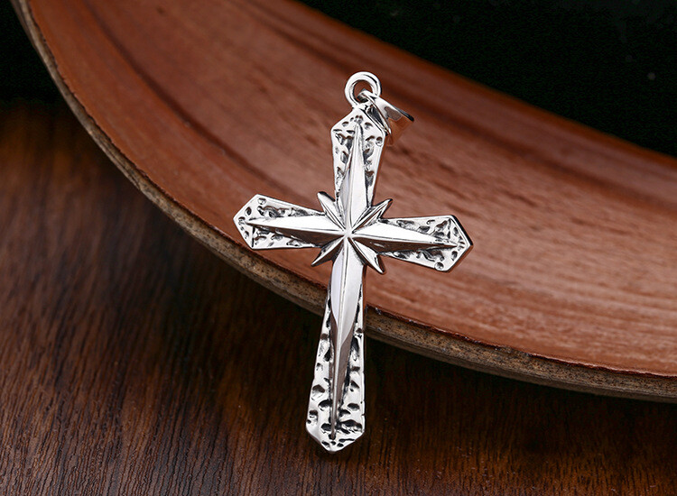 S925 Silver STARBURST CROSS Pendant Textured Hammered Mens Large HEAVY 16g