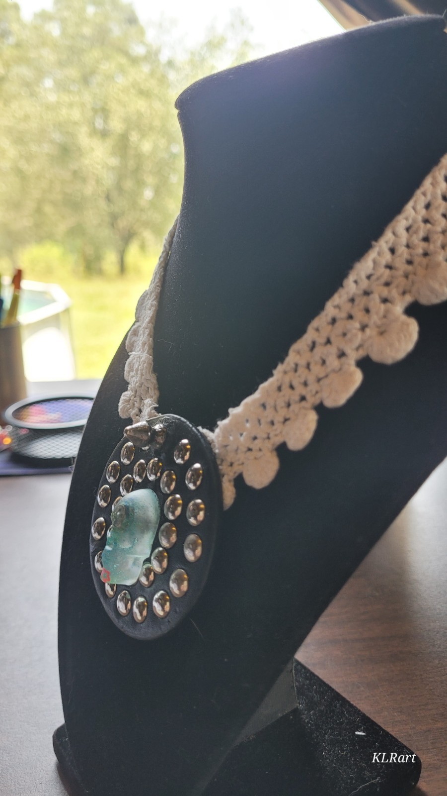 Homemade faux leather snap lace blue epoxy skull choker, Halloween themed