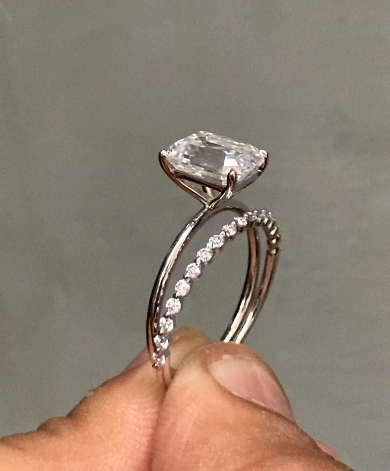 14k White Gold Emerald Cut Diamond Ring Set 3.25 Carat Lab Grown IGI VVS E F