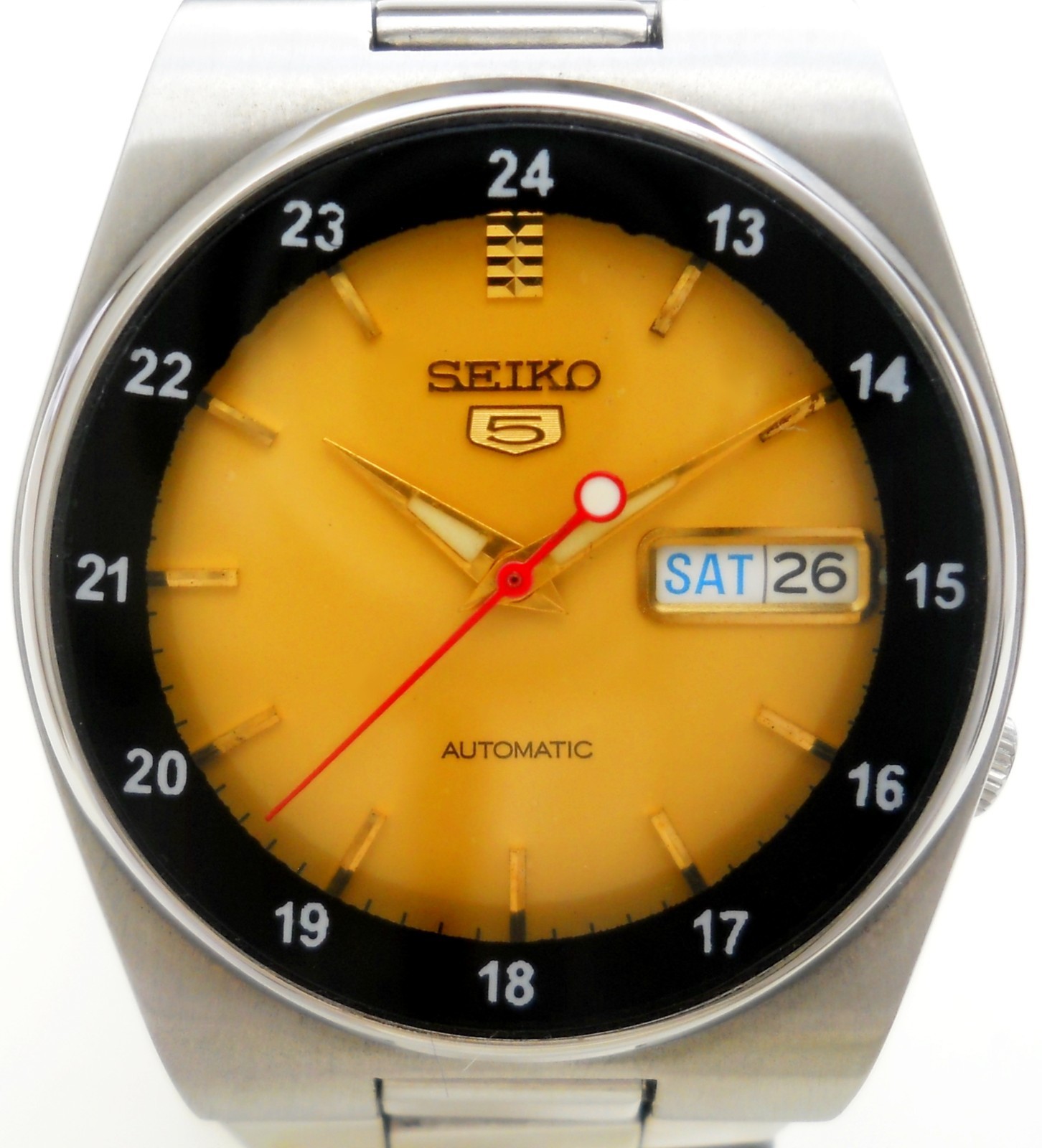 Vintage Seiko 5 Railway Time Automatic Watch Yellow Sunburst Dial Caliber 7S26