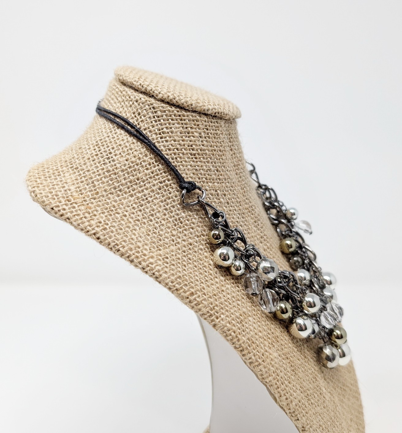 Silver Tone Necklace Beaded Statement Multi-Strand Chunky Cluster Black Cord