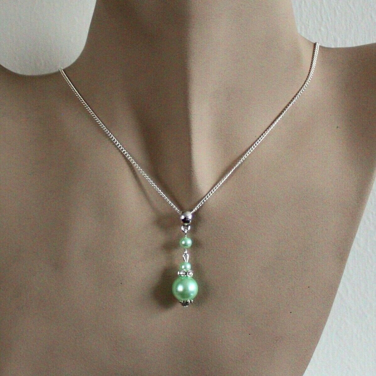 Mint green pearls silver plated chain wedding bridesmaid bridal pendant necklace