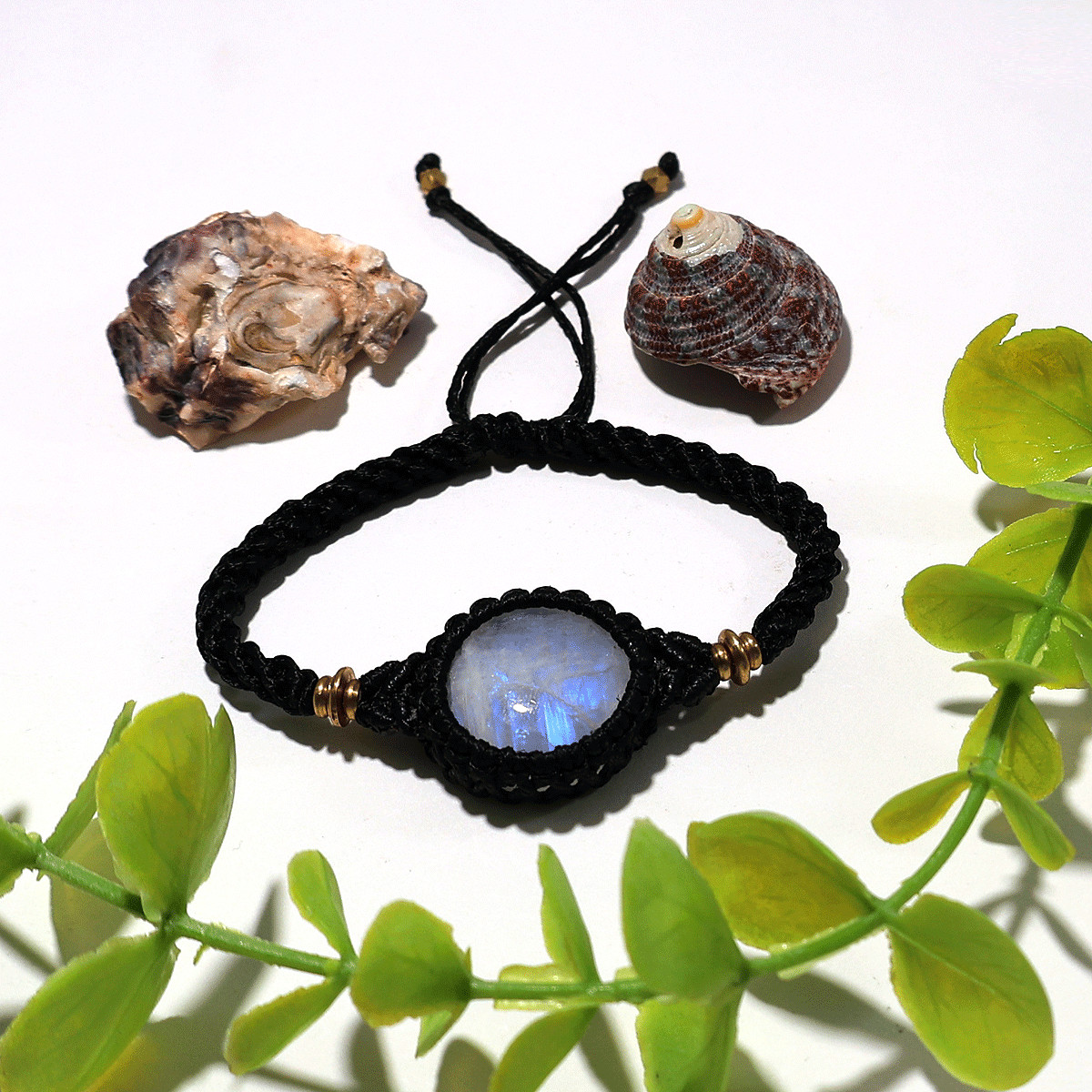 Blue Fire Rainbow Moonstone Macramé Bracelet – Handmade Lunar Glow Wrist Jewelry