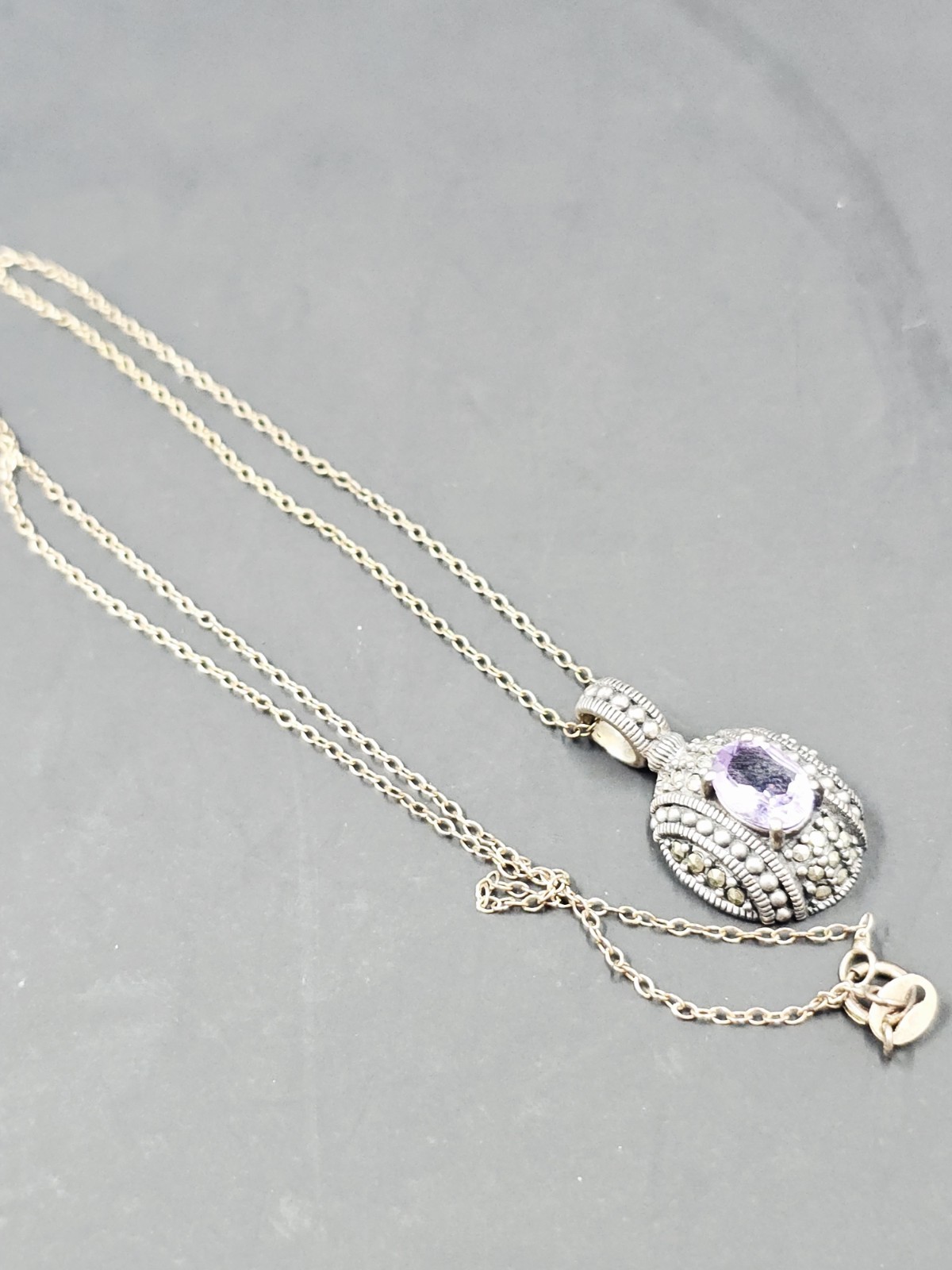 VTG Sterling Silver Amethyst Glass Necklace, 18″