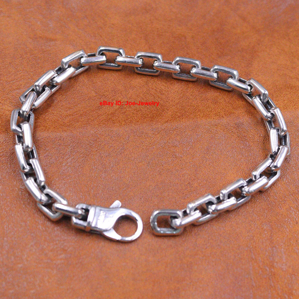 Real 925 Sterling Silver Bracelet 7mm Rectangle Link Chain 8.26inch For Men