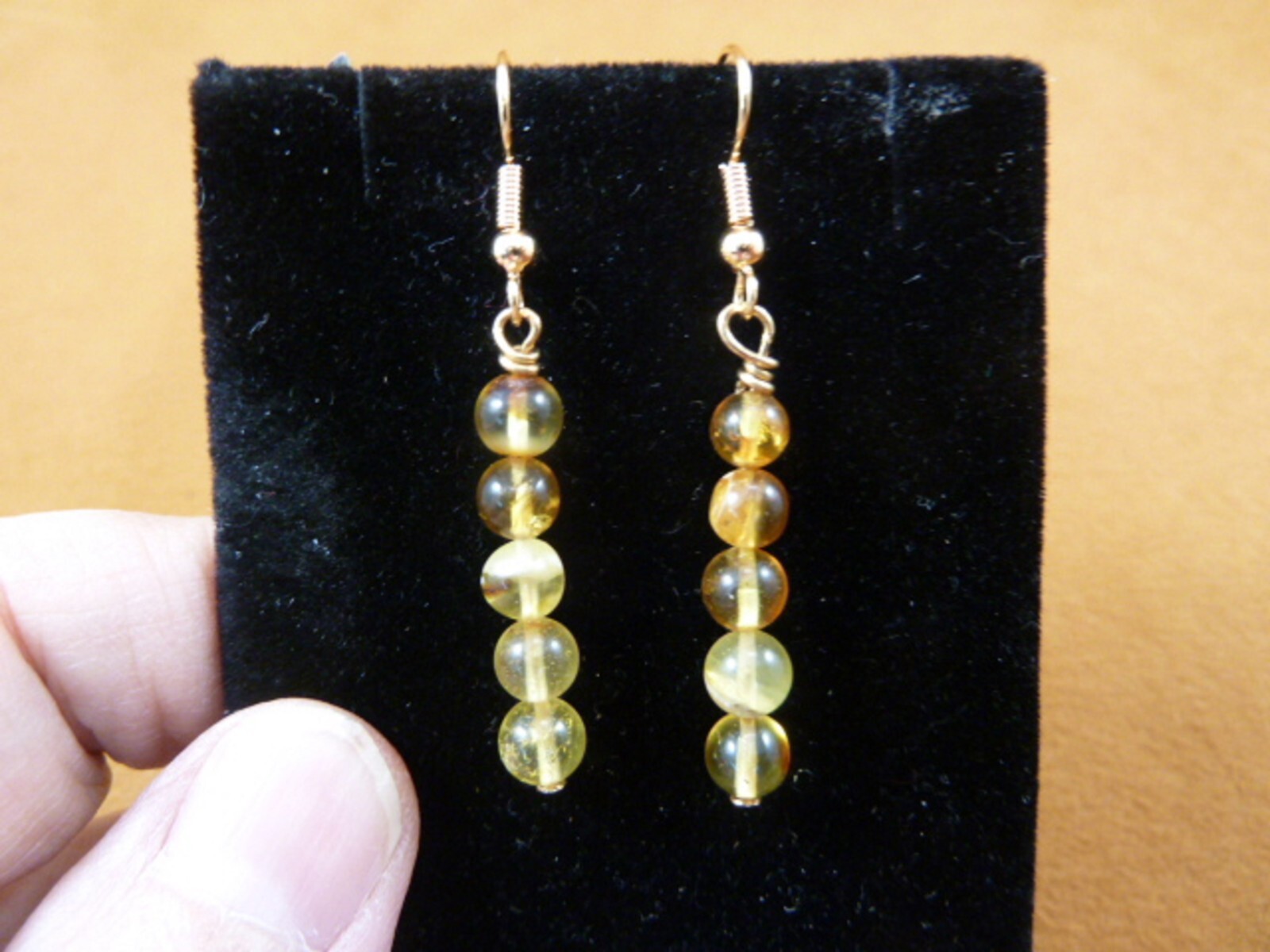 (pe12-7) 5mm golden + butterscotch Baltic AMBER beaded dangle gold wire earrings