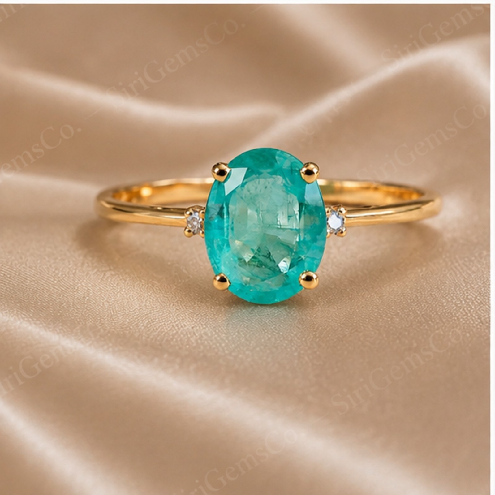 Oval Mint Green Emerald Ring Diamond Side Accent 14k Yellow Gold Over Silver Fin