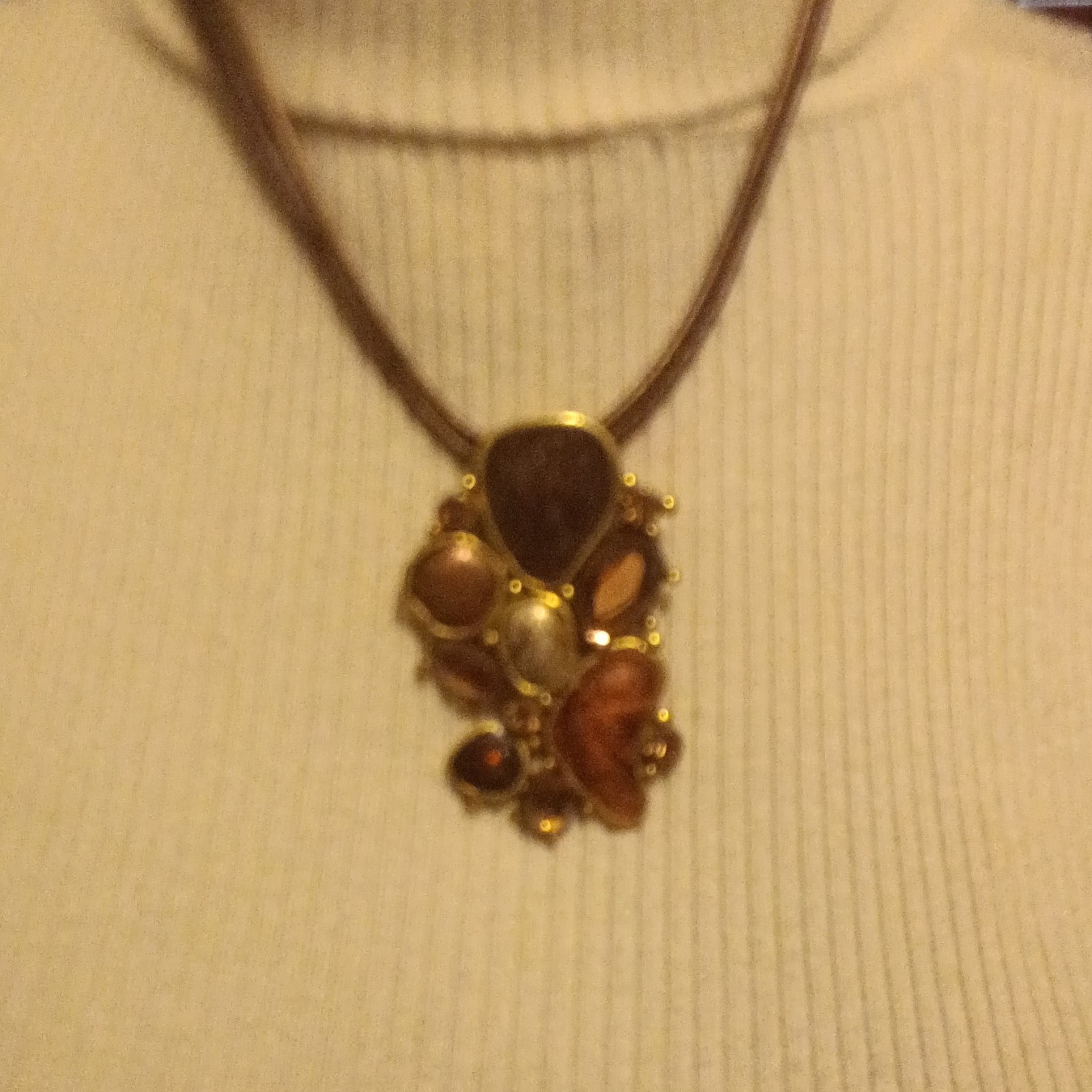 Gold Tone Asymmetrical Teardrop Pendant Necklace Brown Cord, Adjustable, Lobster