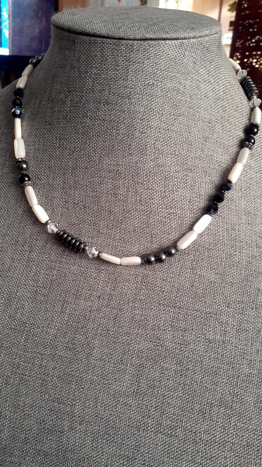Mother of Pearl Hematite Clear & Black Stone Necklace. 18″