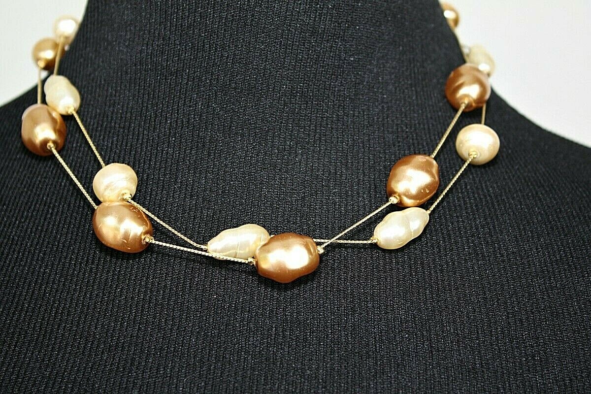 DABBY REID Signed 2 Strand Necklace Golden Chains Cream Beige Faux Pearl Beads