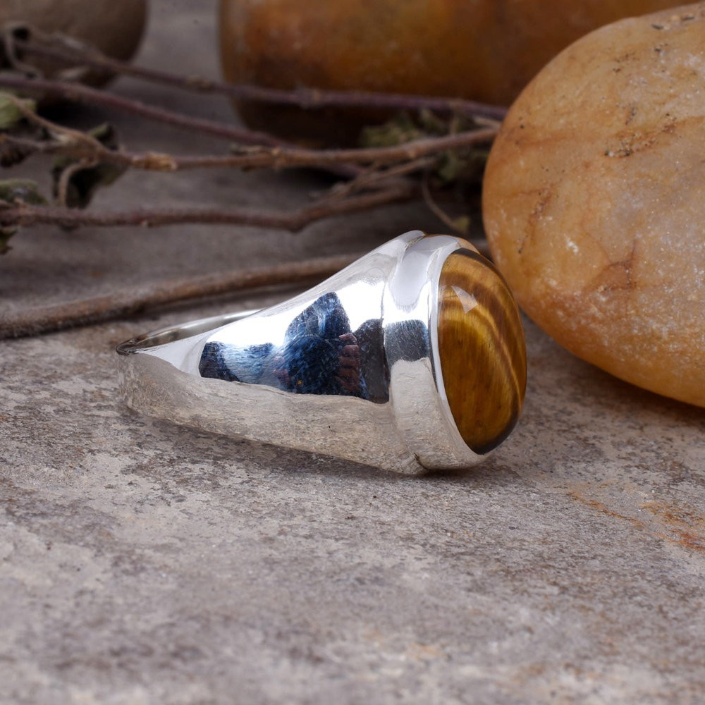 Solid 925 Sterling Silver Natural Tiger’s Eye Oval Gemstone Men’s Unisex Ring