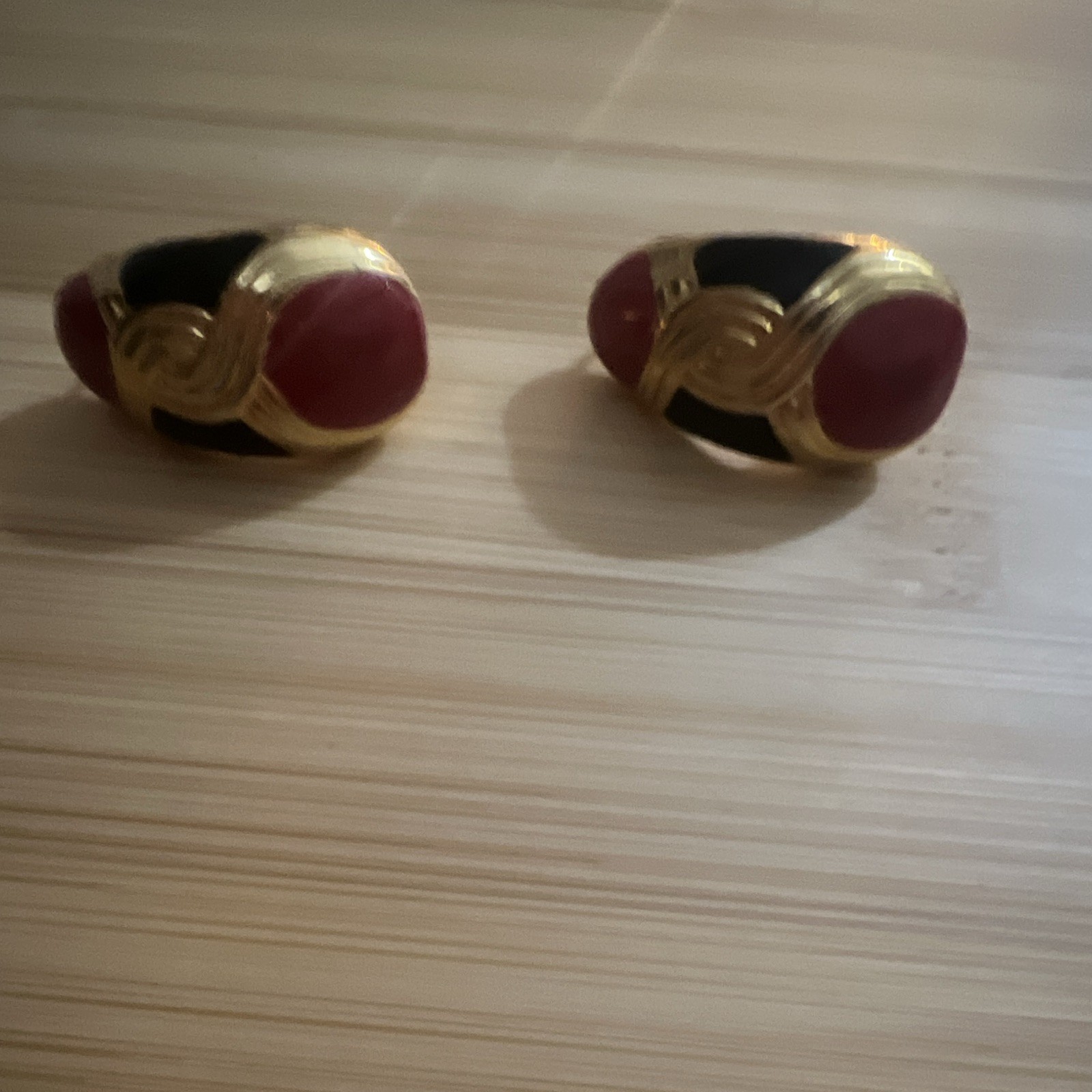 Gold Tone Red & Black Oval Stud Earrings, Bezel Set, Butterfly Back