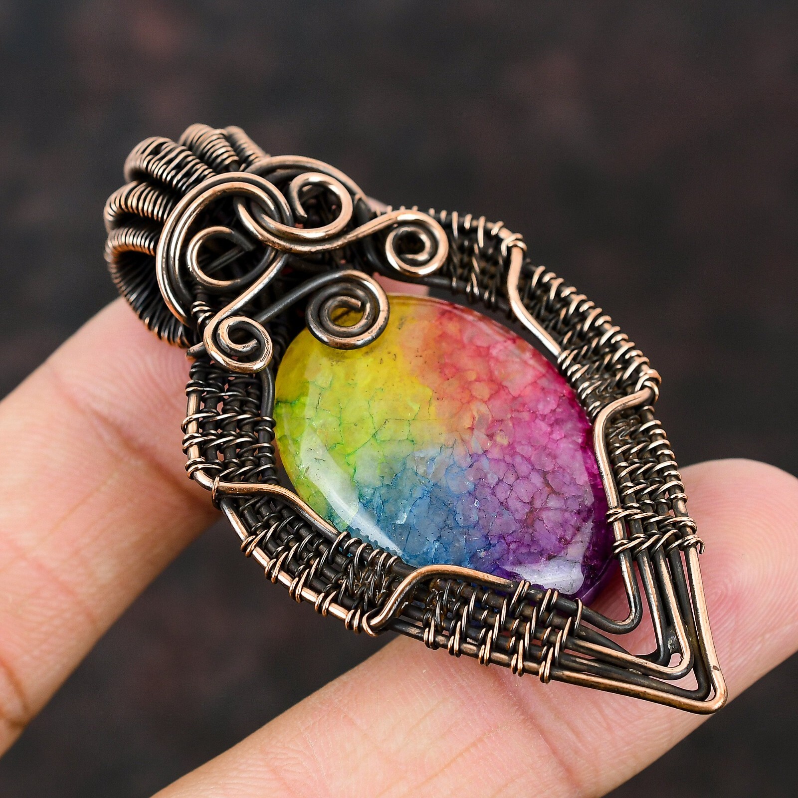 Rainbow Solar Quartz Druzy Copper Gift For Love Wire Wrapped Pendant 2.56″