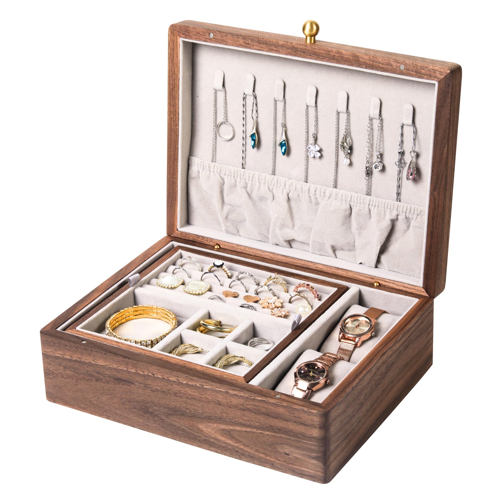 EURIELK Wooden Jewelry Box, Two Layer Medium Size Real Natural Solid Walnut Wood