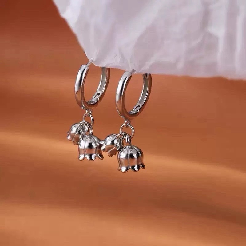 925 Silver Tulip Flower Dangle Huggie Hoop Earrings Floral Drop Earrings 173