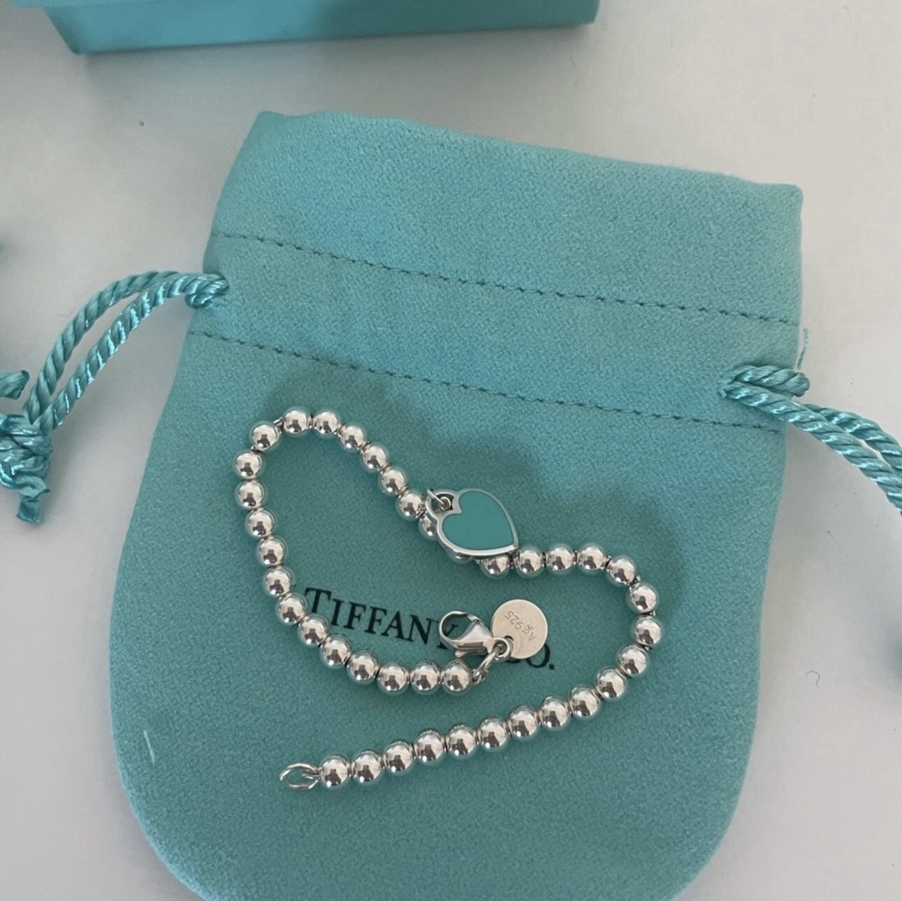 Tiffany & Co. Blue Heart Tag Bead Bracelet ( 7.5 Inches )