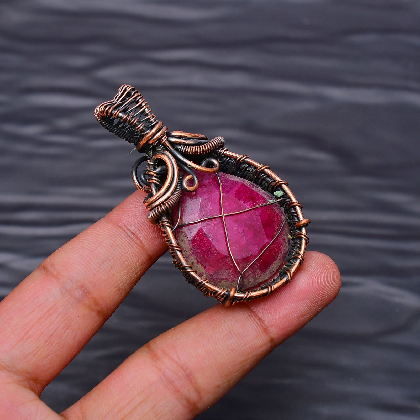 Ruby(Lab-Created) Gemstone copper wire wrapped Handmade pendant Jewelry 2.28″