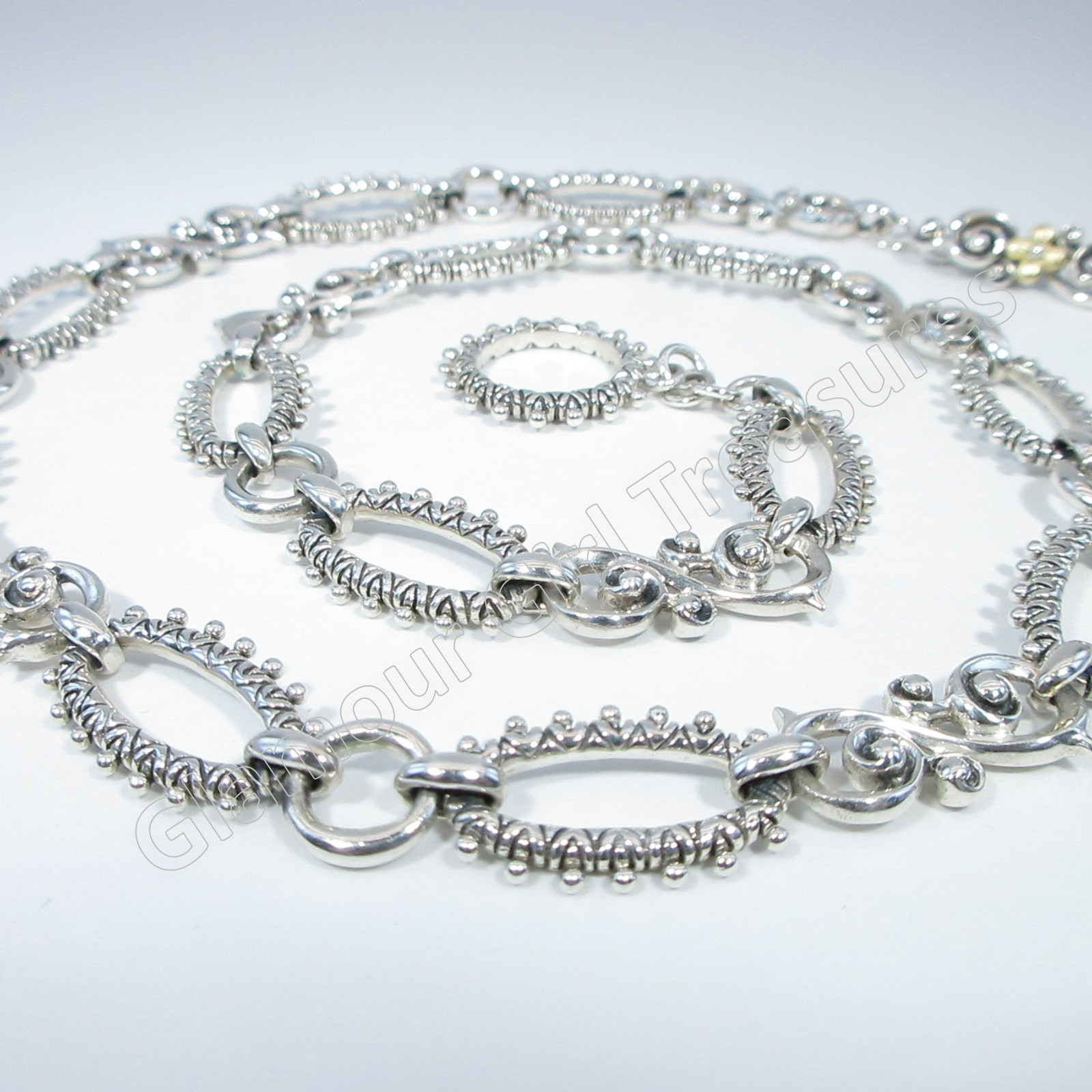 Barbara Bixby Sterling & 18K Gold Flower Scroll & Oval Link 20″ Toggle Necklace