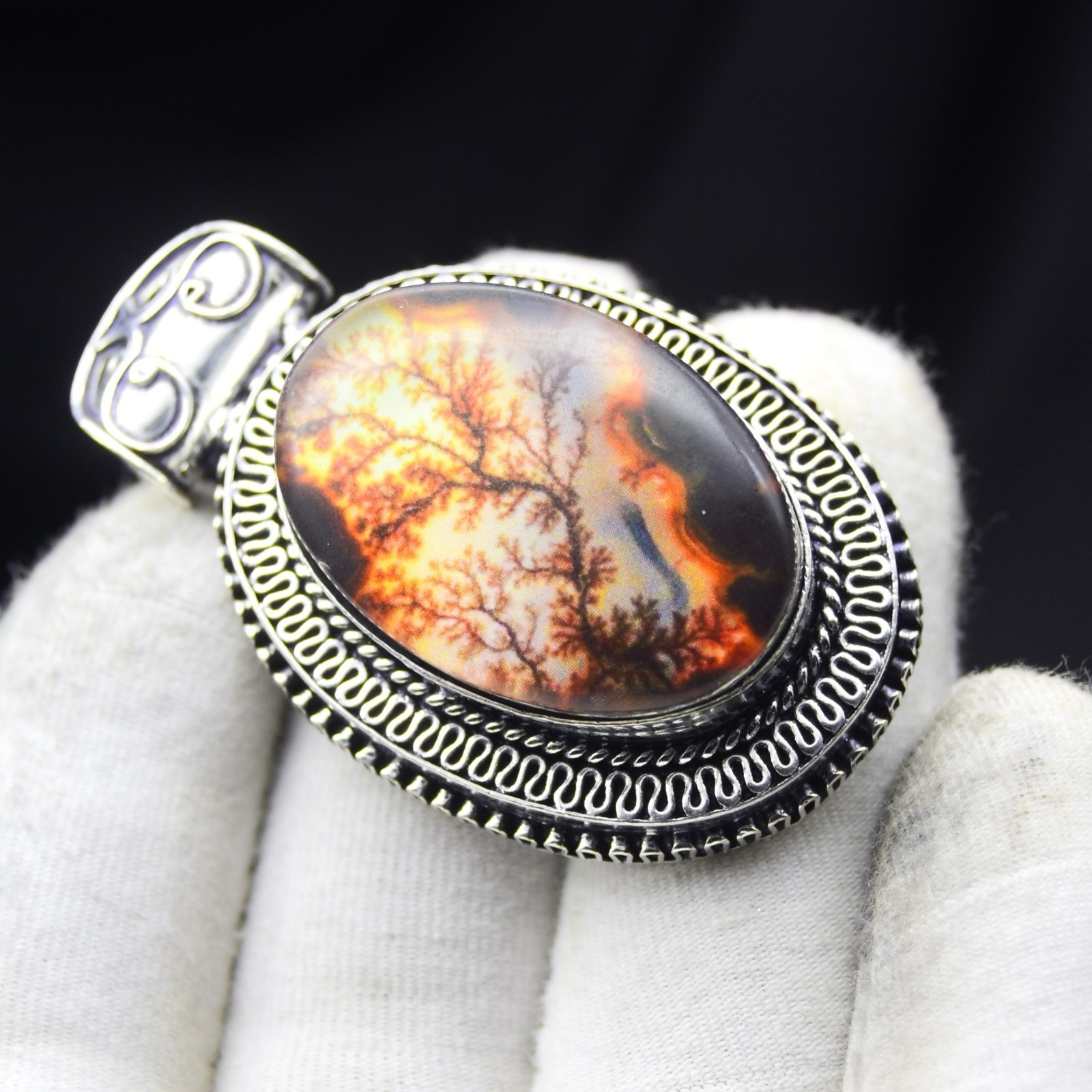 925 Sterling Silver Dendrite Fire Tree Gemstone Pendant Handmade Unique Jewelry