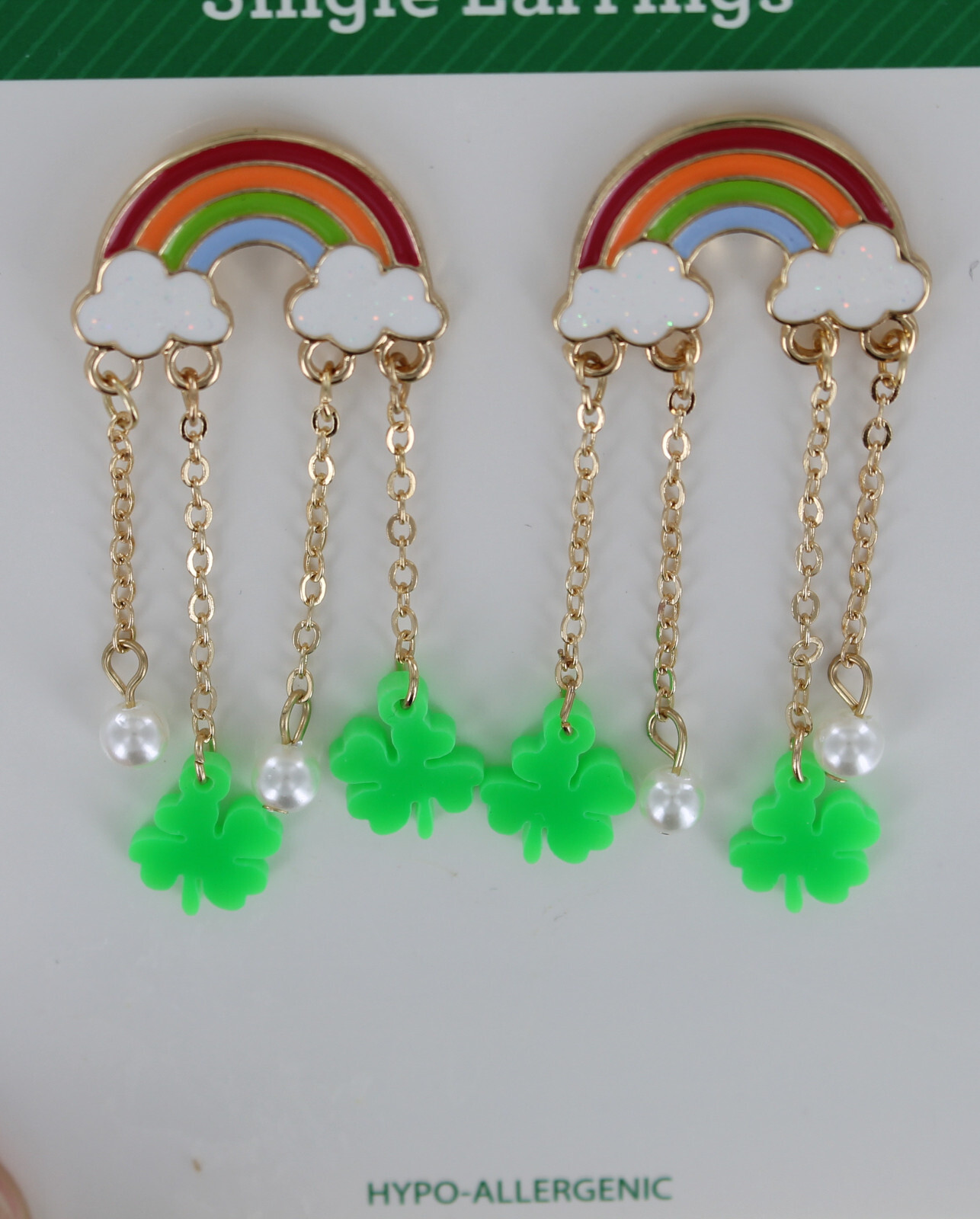 New Way To Celebrate! St. Patrick’s Day Earrings – Rainbow w/ Shamrocks & Pearls