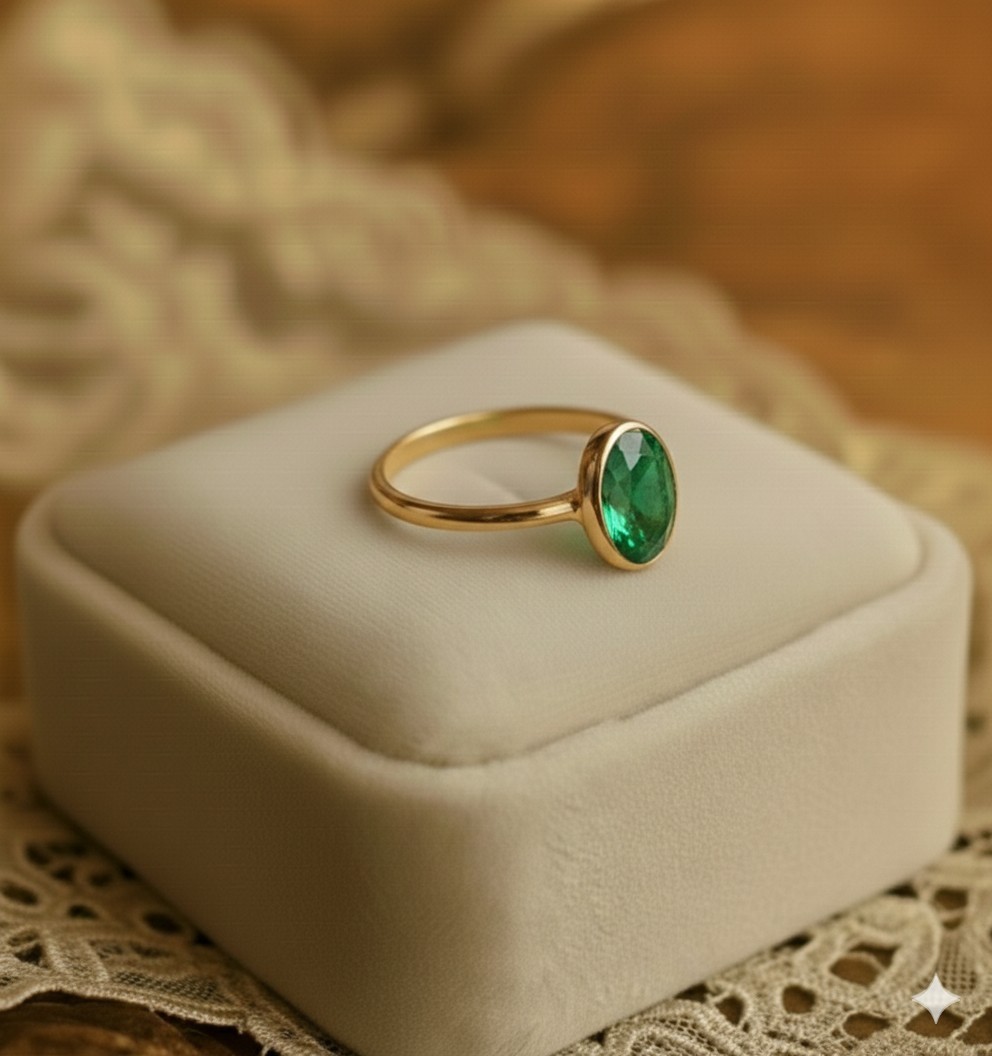 2.51 Ct Oval Cut Natural Emerald Wedding Bezel Ring 14K Solid Yellow Gold