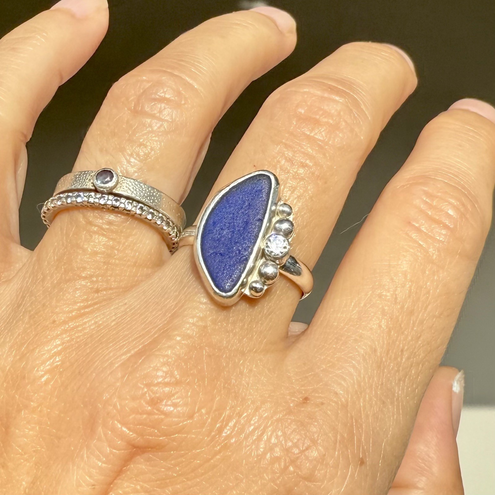 Cobalt Blue Genuine Caribbean Sea Glass Sterling Silver Ring With CZ Gem. Size 9