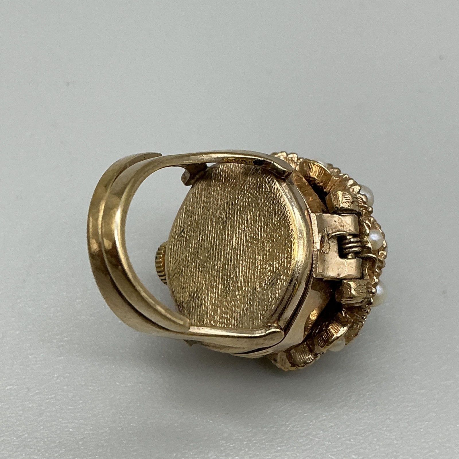 Vintage Bradley Ring Watch Women 22mm Silver Gold Tone Faux Pearl Locket Manual